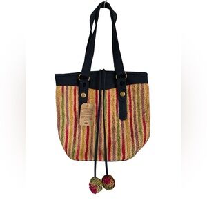Y2K LUCKY BRAND Bag Raffia Striped Tasseled Pom Pom Shoulder Bag boho beach